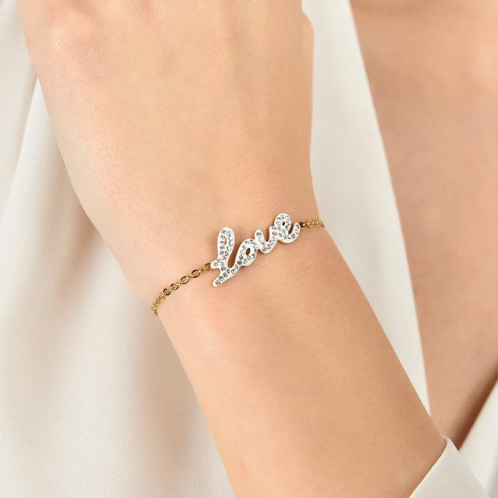 BRACCIALE DONNA IN ACCIAIO IP GOLD CON SCRITTA LOVE CON CRISTALLI BIANCHI