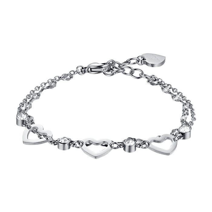 BRACCIALE DONNA MULTIFILO IN ACCIAIO CON CUORI TRAFORATI E CRISTALLI BIANCHI
