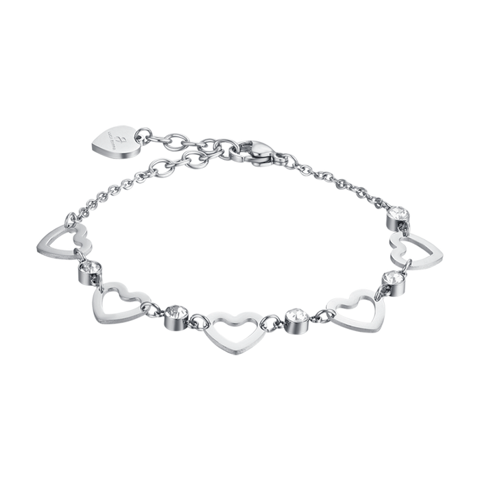BRACCIALE DONNA IN ACCIAIO CON CUORI TRAFORATI E CRISTALLI BIANCHI