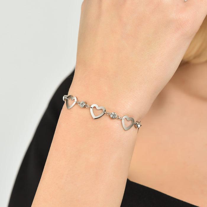 BRACCIALE DONNA IN ACCIAIO CON CUORI TRAFORATI E CRISTALLI BIANCHI