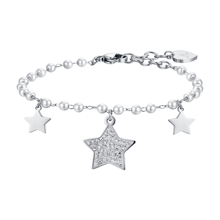 BRACCIALE DONNA IN ACCIAIO CON PERLE BIANCHE E STELLE