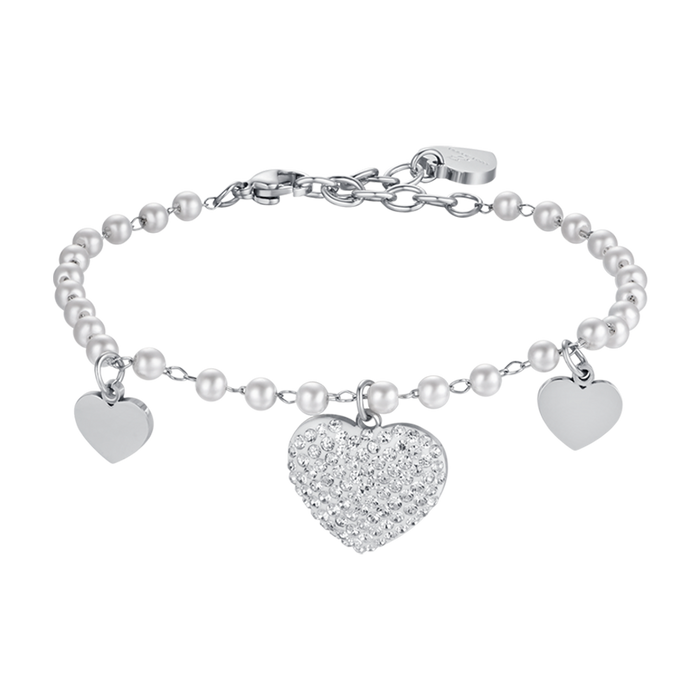 BRACCIALE DONNA IN ACCIAIO CON PERLE BIANCHE E CUORI