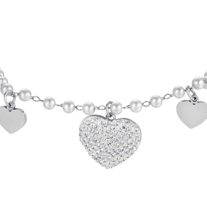 BRACCIALE DONNA IN ACCIAIO CON PERLE BIANCHE E CUORI