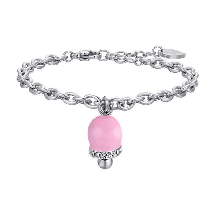 BRACCIALE DONNA IN ACCIAIO CON CAMPANELLA CON SMALTO ROSA E CRISTALLI BIANCHI