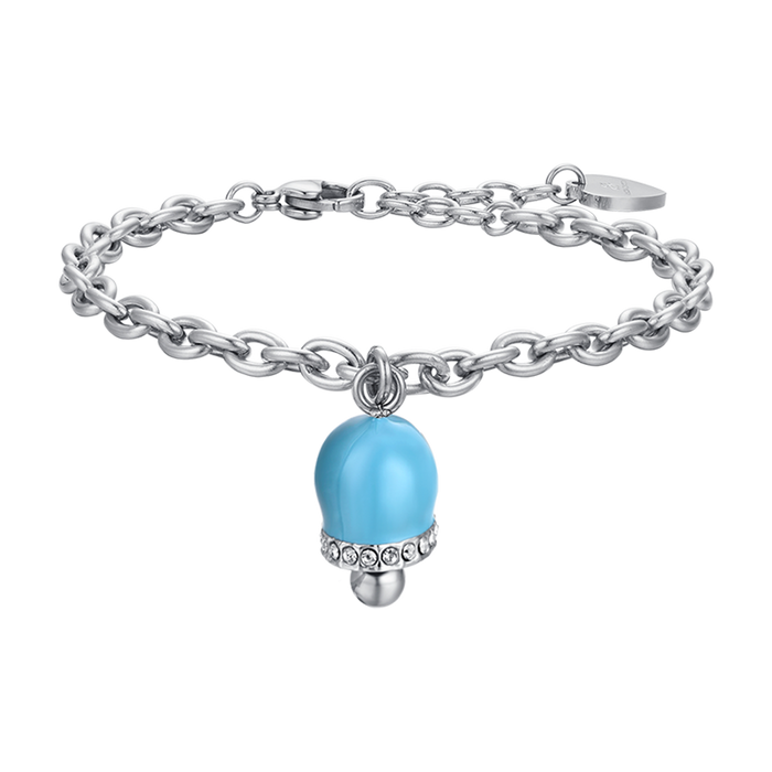 WOMEN'S STEEL BRACELET WITH BELL WITH TURQUOISE ENAMEL AND CRYSTALS