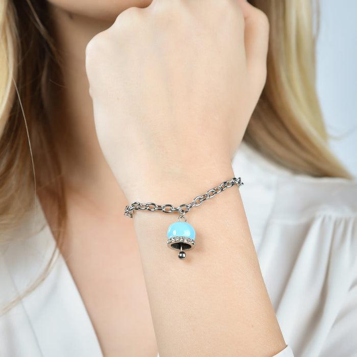 WOMEN'S STEEL BRACELET WITH BELL WITH TURQUOISE ENAMEL AND CRYSTALS