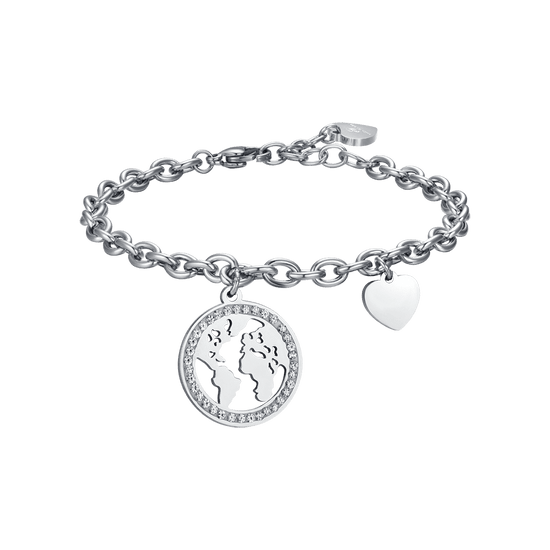 BRACCIALE DONNA IN ACCIAIO CON MONDO CON CRISTALLI BIANCHI