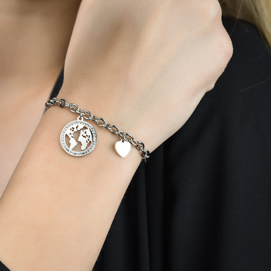 BRACCIALE DONNA IN ACCIAIO CON MONDO CON CRISTALLI BIANCHI