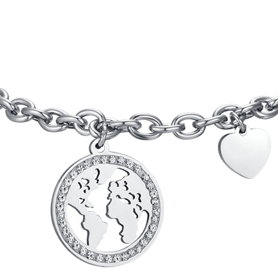 BRACCIALE DONNA IN ACCIAIO CON MONDO CON CRISTALLI BIANCHI