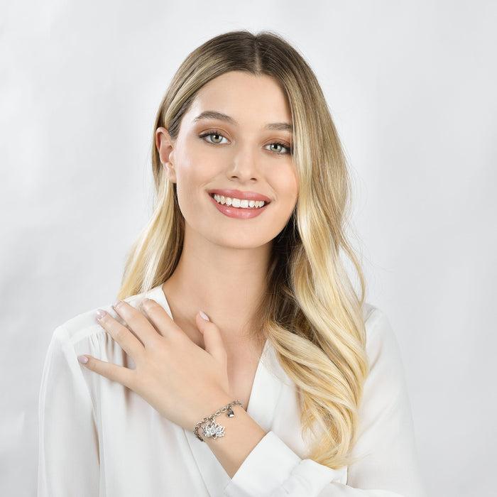 BRACCIALE DONNA IN ACCIAIO CON FIORE DI LOTO CON CRISTALLI BIANCHI