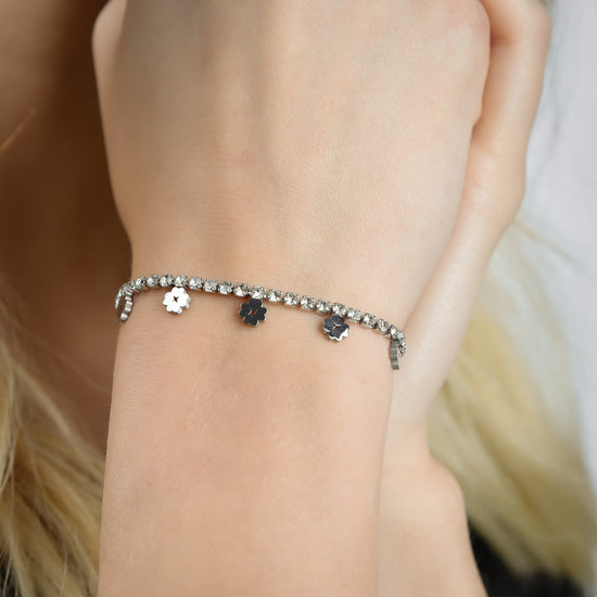 BRACCIALE DONNA IN ACCIAIO CON CRISTALLI BIANCHI E QUADRIFOGLI