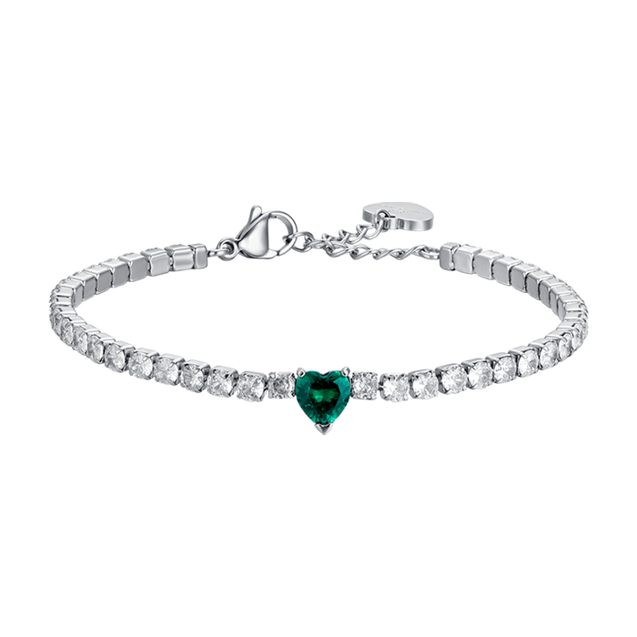 BRACELET TENNIS FEMME EN ACIER AVEC CRISTAUX BLANCS ET CŒUR EN CRISTAL VERT