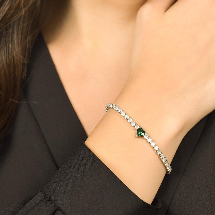 BRACELET TENNIS FEMME EN ACIER AVEC CRISTAUX BLANCS ET CŒUR EN CRISTAL VERT
