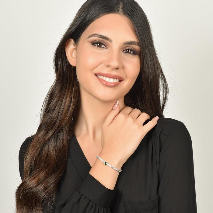 BRACELET TENNIS FEMME EN ACIER AVEC CRISTAUX BLANCS ET CŒUR EN CRISTAL VERT