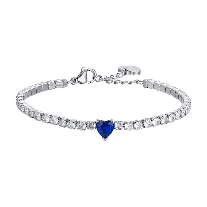BRACELET TENNIS FEMME EN ACIER AVEC CRISTAUX BLANCS ET CŒUR EN CRISTAL BLEU