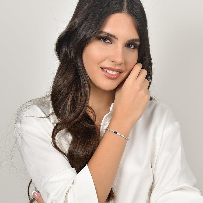 BRACELET TENNIS FEMME EN ACIER AVEC CRISTAUX BLANCS ET CŒUR EN CRISTAL BLEU
