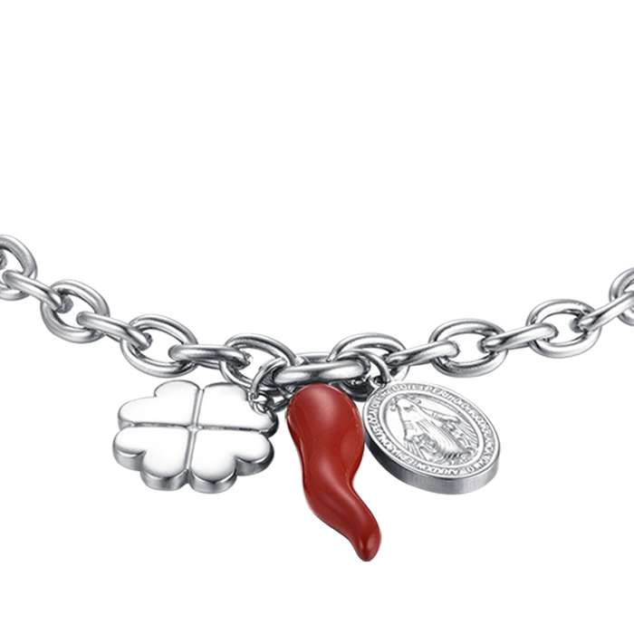 BRACCIALE DONNA IN ACCIAIO CON CHARM QUADRIFOGLIO, CORNO E MADONNA