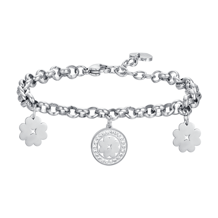BRACCIALE DONNA IN ACCIAIO CON QUADRIFOGLIO E CRISTALLI BIANCHI