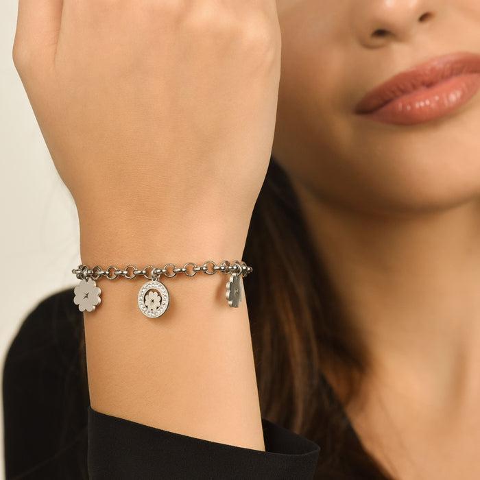 BRACCIALE DONNA IN ACCIAIO CON QUADRIFOGLIO E CRISTALLI BIANCHI