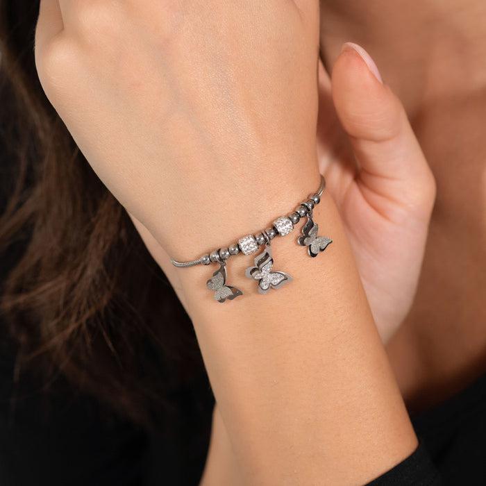 WOMEN'S BRACELET IN STEEL BUTTERFLIES WITH WHITE CRYSTALS