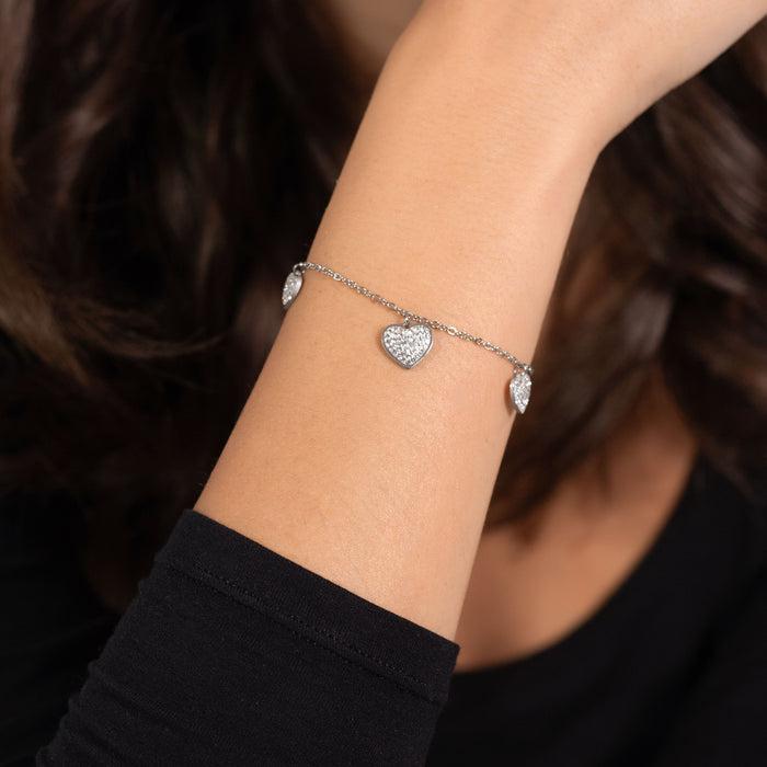 WOMEN'S STEEL BRACELET WITH HEARTS AND WHITE CRYSTALS