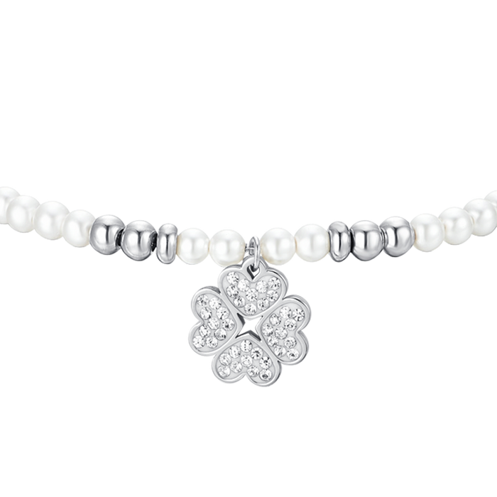 WOMEN'S STEEL BRACELET WITH PEARLS AND FOUR-LEAF CLOVER