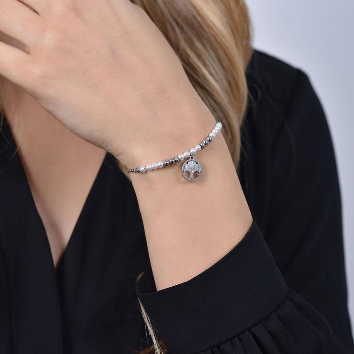 WOMEN'S STEEL BRACELET WITH PEARLS AND LADYBUG