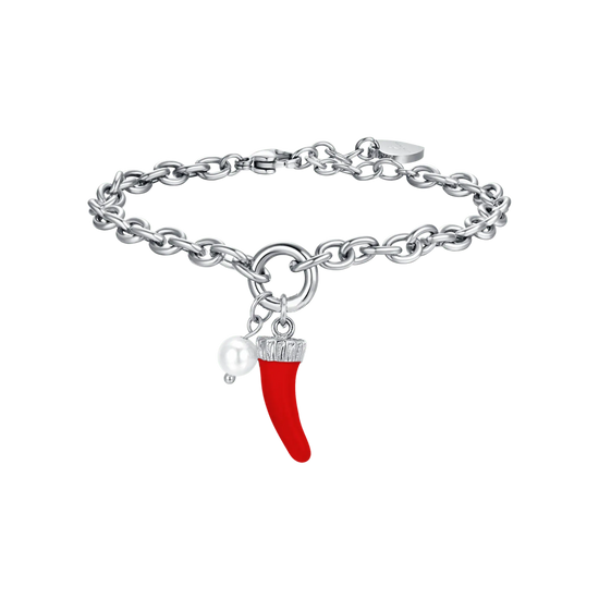 BRACCIALE DONNA IN ACCIAIO CON CORNO CON SMALTO ROSSO E PERLA BIANCA
