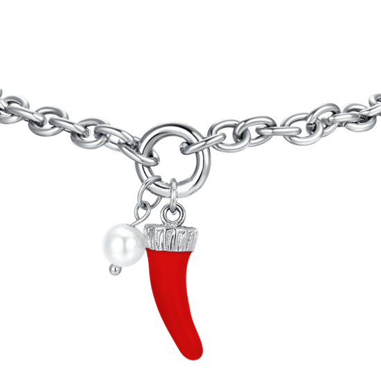 BRACCIALE DONNA IN ACCIAIO CON CORNO CON SMALTO ROSSO E PERLA BIANCA