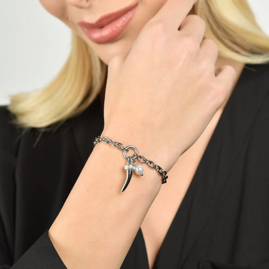 BRACCIALE DONNA IN ACCIAIO CON CORNO E PERLA BIANCA