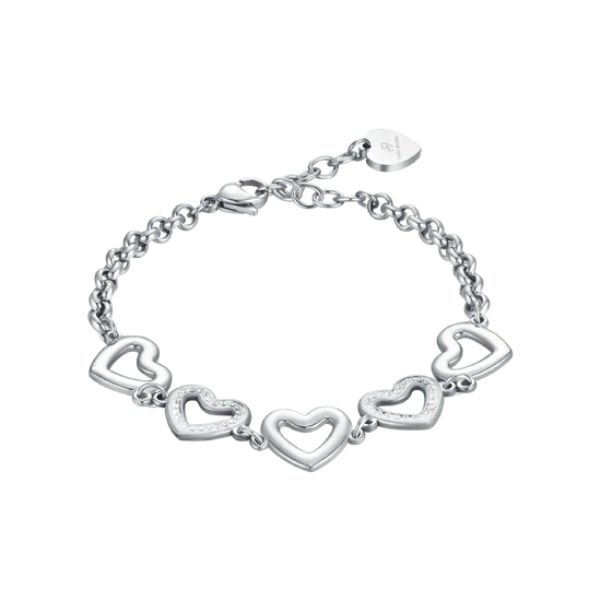 BRACCIALE DONNA IN ACCIAIO CON CUORI TRAFORATI E CRISTALLI BIANCHI