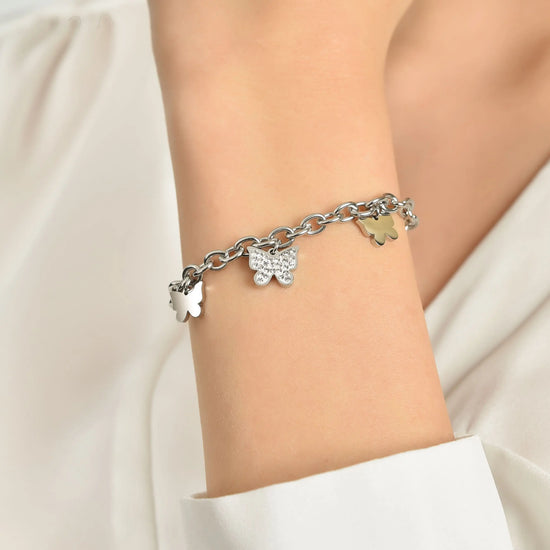 BRACCIALE DONNA IN ACCIAIO CON FARFALLE E CRISTALLI BIANCHI