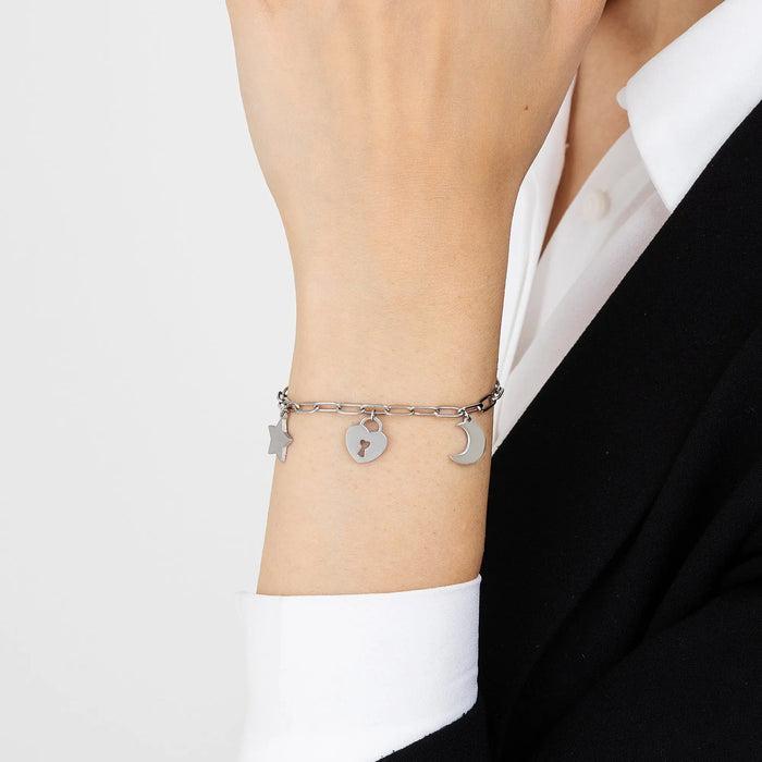BRACCIALE DONNA IN ACCIAIO CON LUNA CUORE LUCCHETTO E STELLA