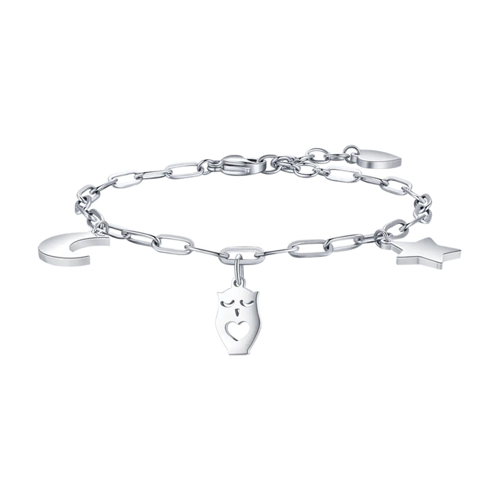 BRACCIALE DONNA IN ACCIAIO CON LUNA, GUFO E STELLA
