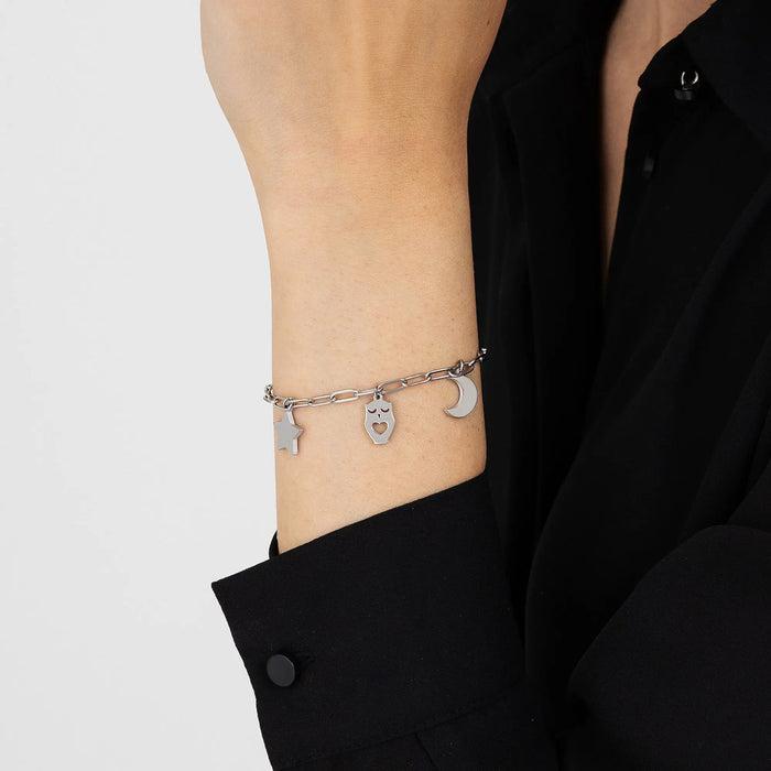 BRACCIALE DONNA IN ACCIAIO CON LUNA, GUFO E STELLA