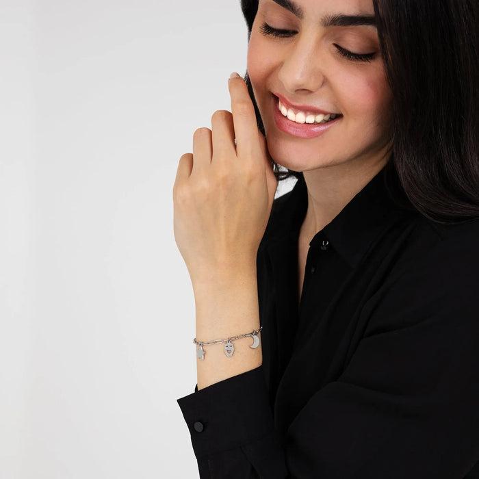BRACCIALE DONNA IN ACCIAIO CON LUNA, GUFO E STELLA