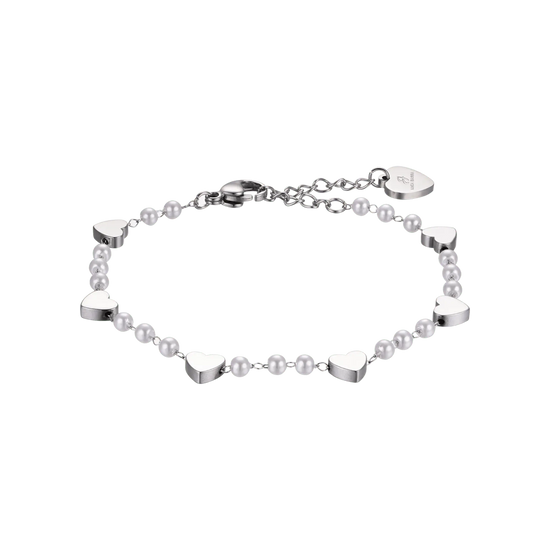 BRACCIALE DONNA IN ACCIAIO CON PERLE BIANCHE E CUORI