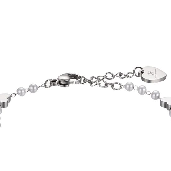 BRACCIALE DONNA IN ACCIAIO CON PERLE BIANCHE E CUORI