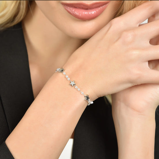 BRACCIALE DONNA IN ACCIAIO CON PERLE BIANCHE E STELLE