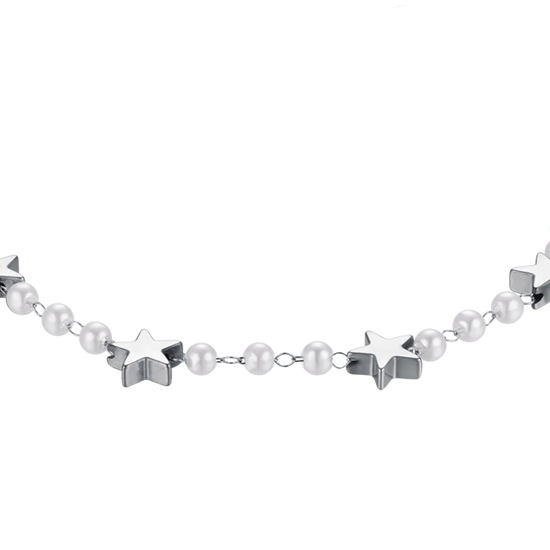 BRACCIALE DONNA IN ACCIAIO CON PERLE BIANCHE E STELLE