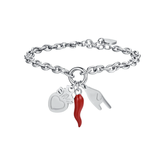 BRACCIALE DONNA IN ACCIAIO CON SIMBOLI PORTAFORTUNA E SMALTO ROSSO