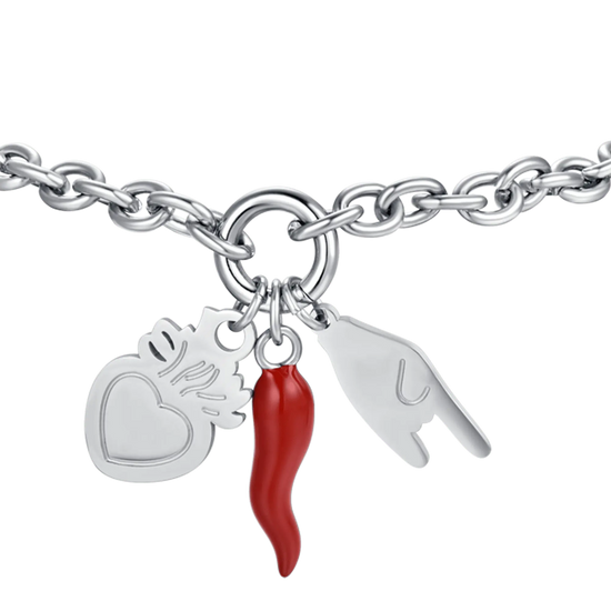 BRACCIALE DONNA IN ACCIAIO CON SIMBOLI PORTAFORTUNA E SMALTO ROSSO