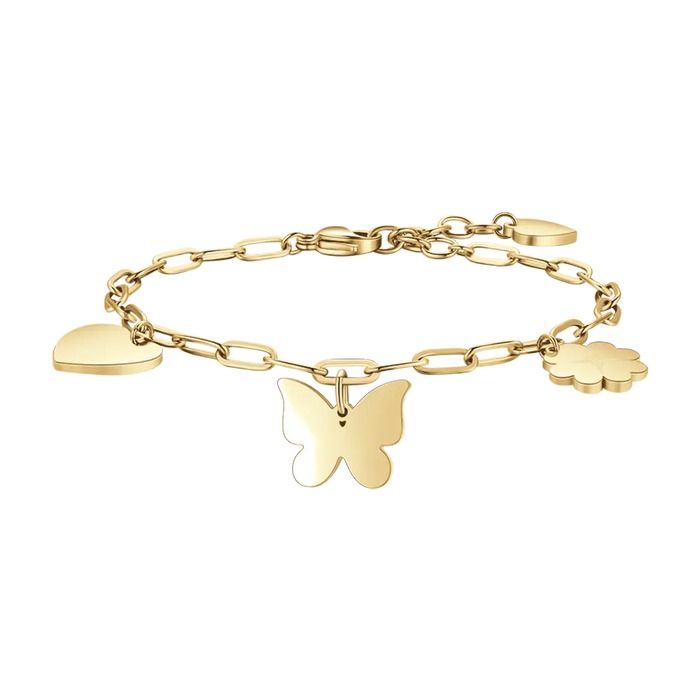 BRACCIALE DONNA IN ACCIAIO DORATO CON CUORE, FARFALLA E QUADRIFOGLIO