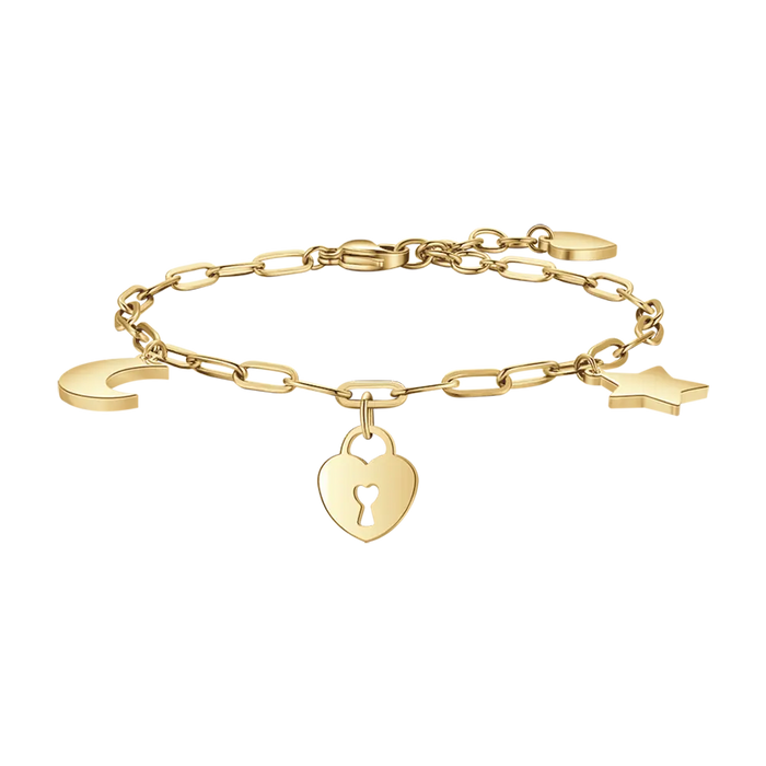 BRACCIALE DONNA IN ACCIAIO DORATO CON LUNA, CUORE LUCCHETTO E STELLA