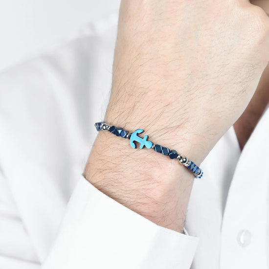 BRACCIALE UOMO IN ACCIAIO CON EMATITE BLU E SFERE IN ACCIAIO