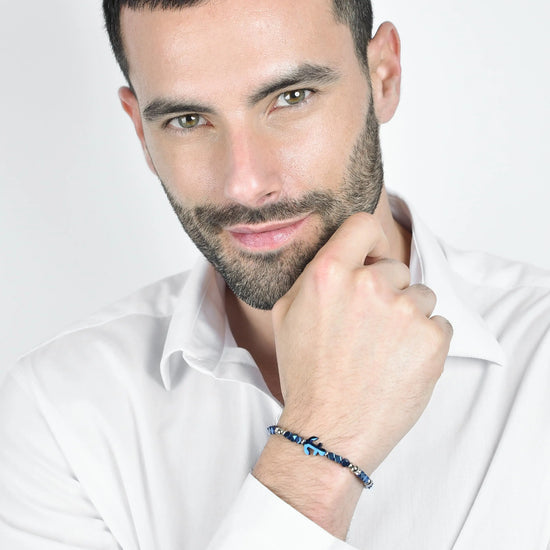 BRACCIALE UOMO IN ACCIAIO CON EMATITE BLU E SFERE IN ACCIAIO