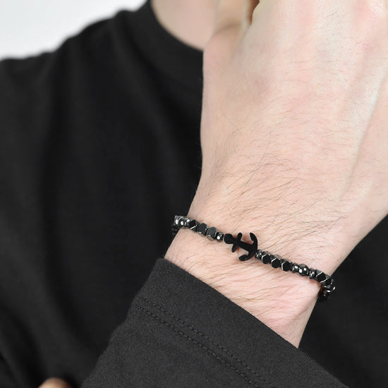 BRACCIALE UOMO IN ACCIAIO CON EMATITE GRIGIA E SFERE IN ACCIAIO