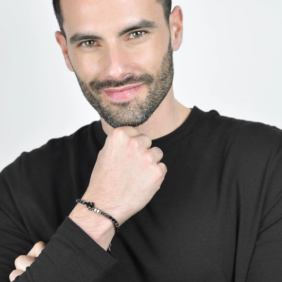 BRACCIALE UOMO IN ACCIAIO CON EMATITE GRIGIA E SFERE IN ACCIAIO