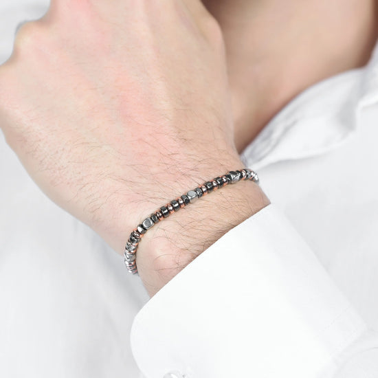 BRACELET HOMME EN ACIER AVEC HÉMATITE GRISE ET IP ROSE