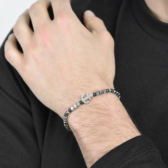BRACCIALE UOMO IN ACCIAIO CON EMATITE NERA E SFERE IN ACCIAIO